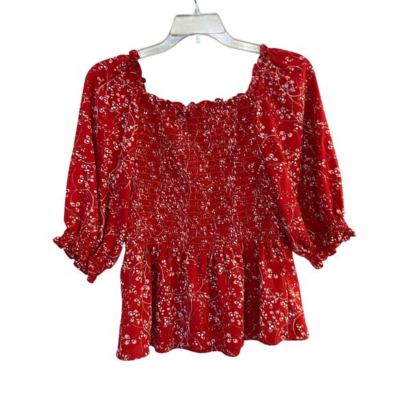 Max Studio Women's Size XL Red Floral Printed Smocked Peasant Square Neck Blouse - Picture 2 of 7